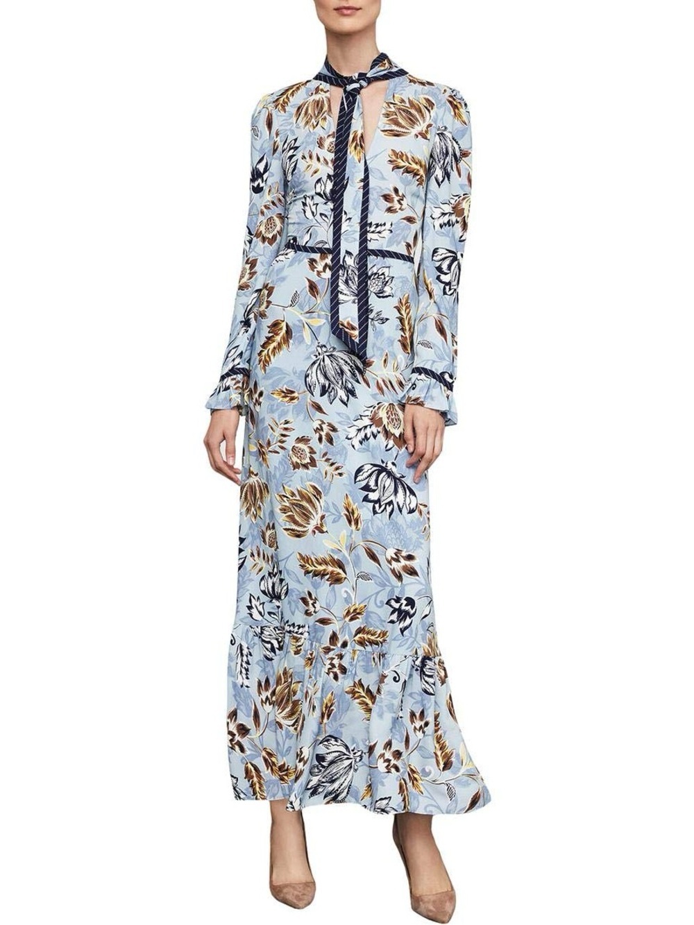 BCBGMaxAzria / Floral-Print Tie-Neck Maxi Dress blue 0